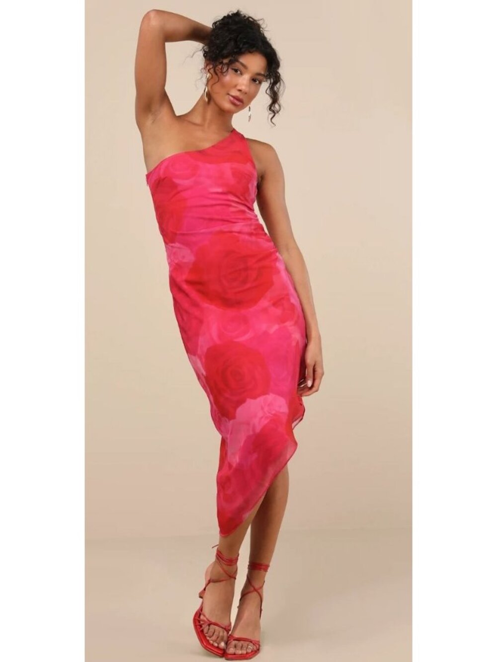 Lulus Pink Floral One-Shoulder Asymmetrical Midi Dress Women's Size Medium NWT!